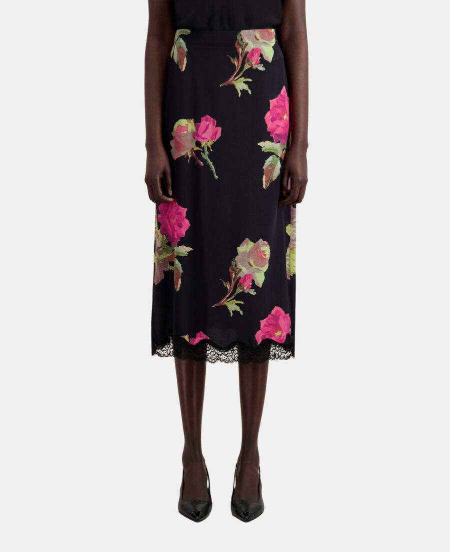 The Kooples WOMEN PINK BLACK long printed silk skirt with lace