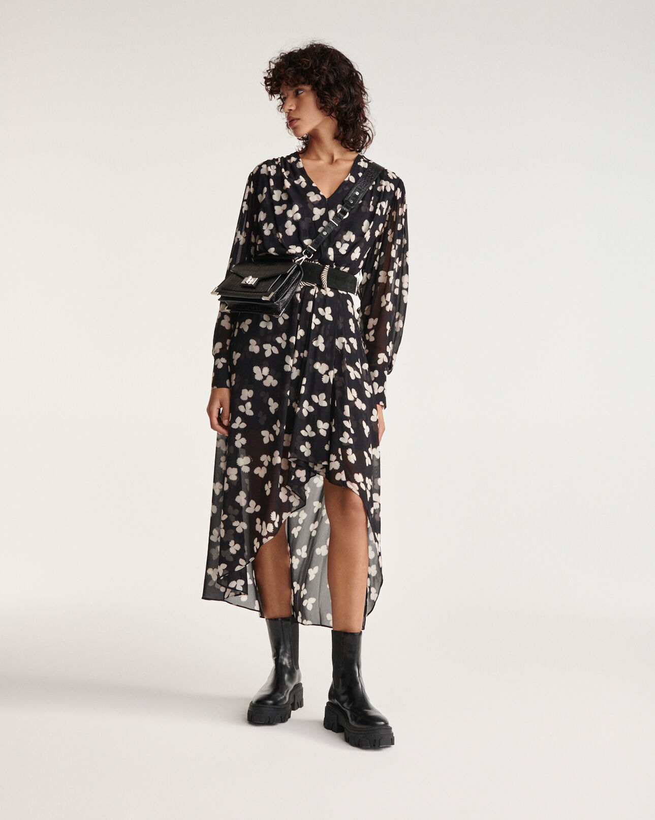 The Kooples MUJER BLACK-ECRU vestido largo negro floral asimétrico