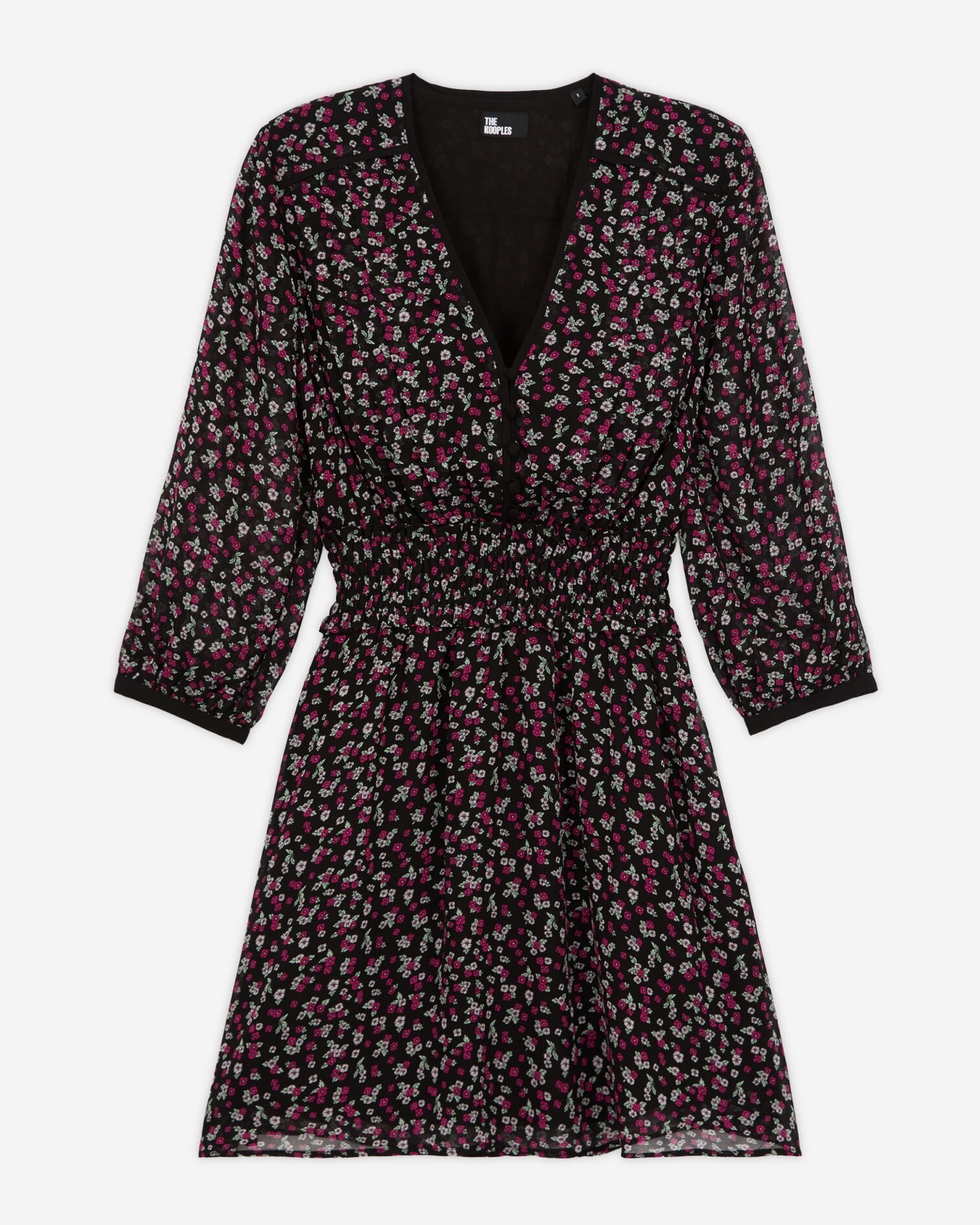 Robe courte imprimée avec smocks, BLACK / PINK, hi-res image number null