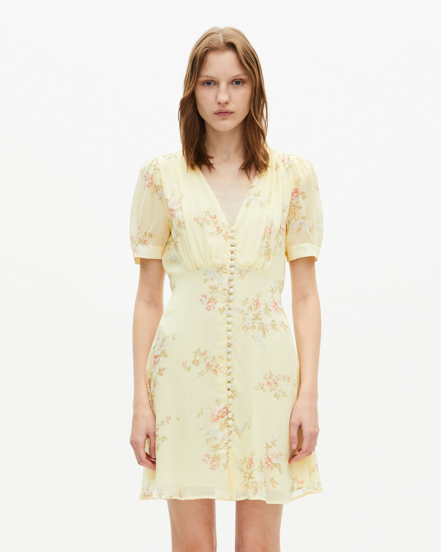 Short yellow floral print dress, YELLOW, hi-res image number null