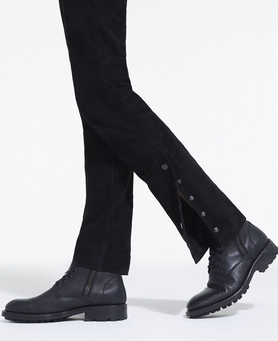 black suede leather straight-cut pants