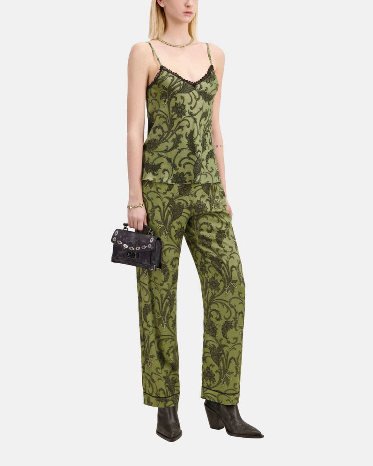 The Kooples WOMEN KAKI BLACK printed camisole with lace