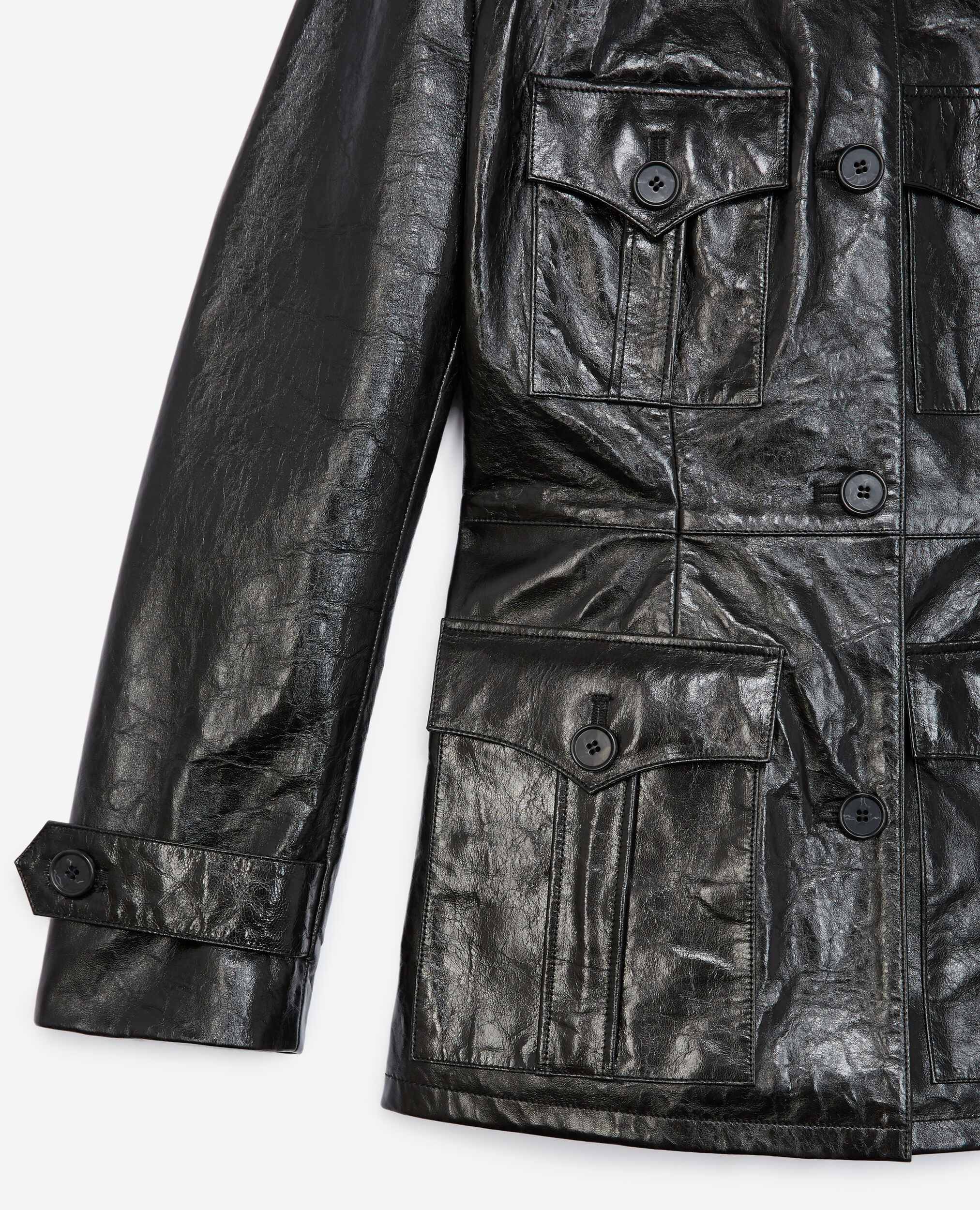 Safari jacket-style black leather jacket, BLACK, hi-res image number null