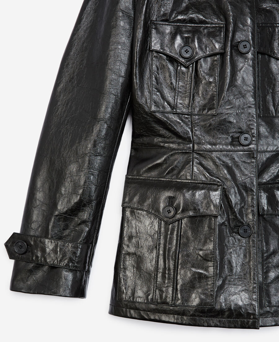 safari jacket-style black leather jacket