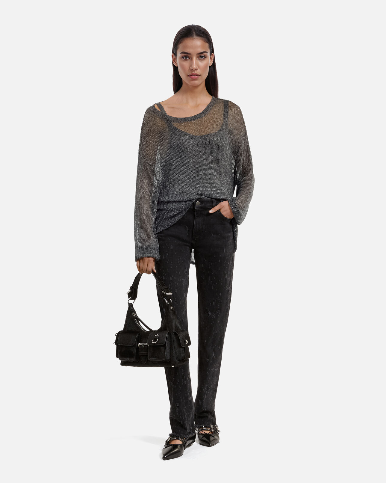 The Kooples FEMME GREY SILVER pull effet côte de maille gris
