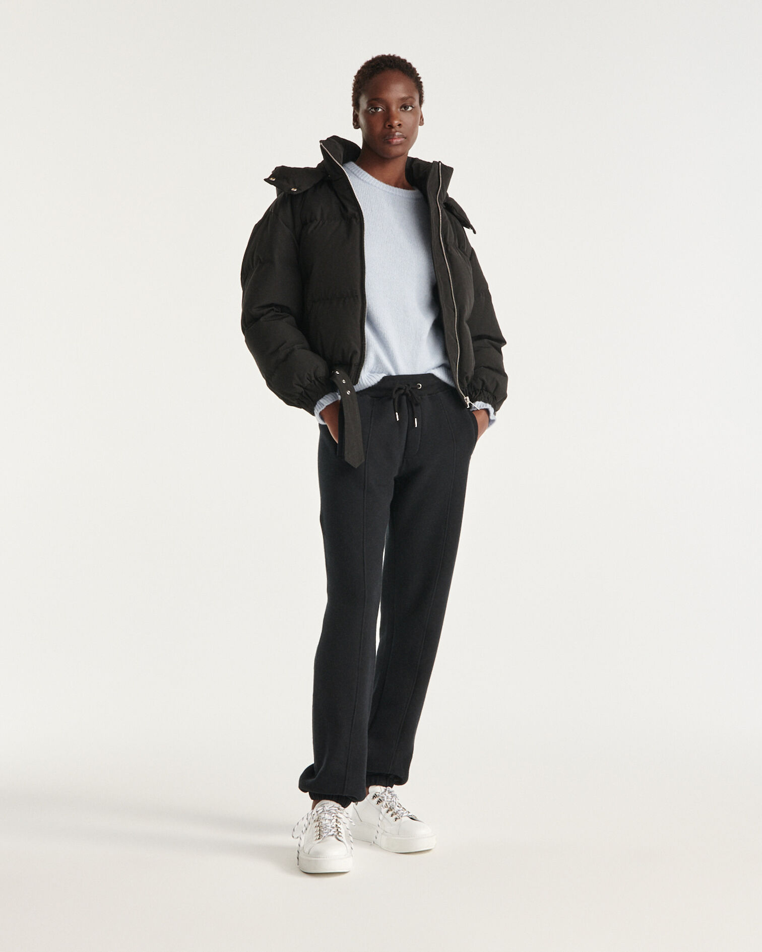 Short black down jacket with hood, BLACK, hi-res image number null