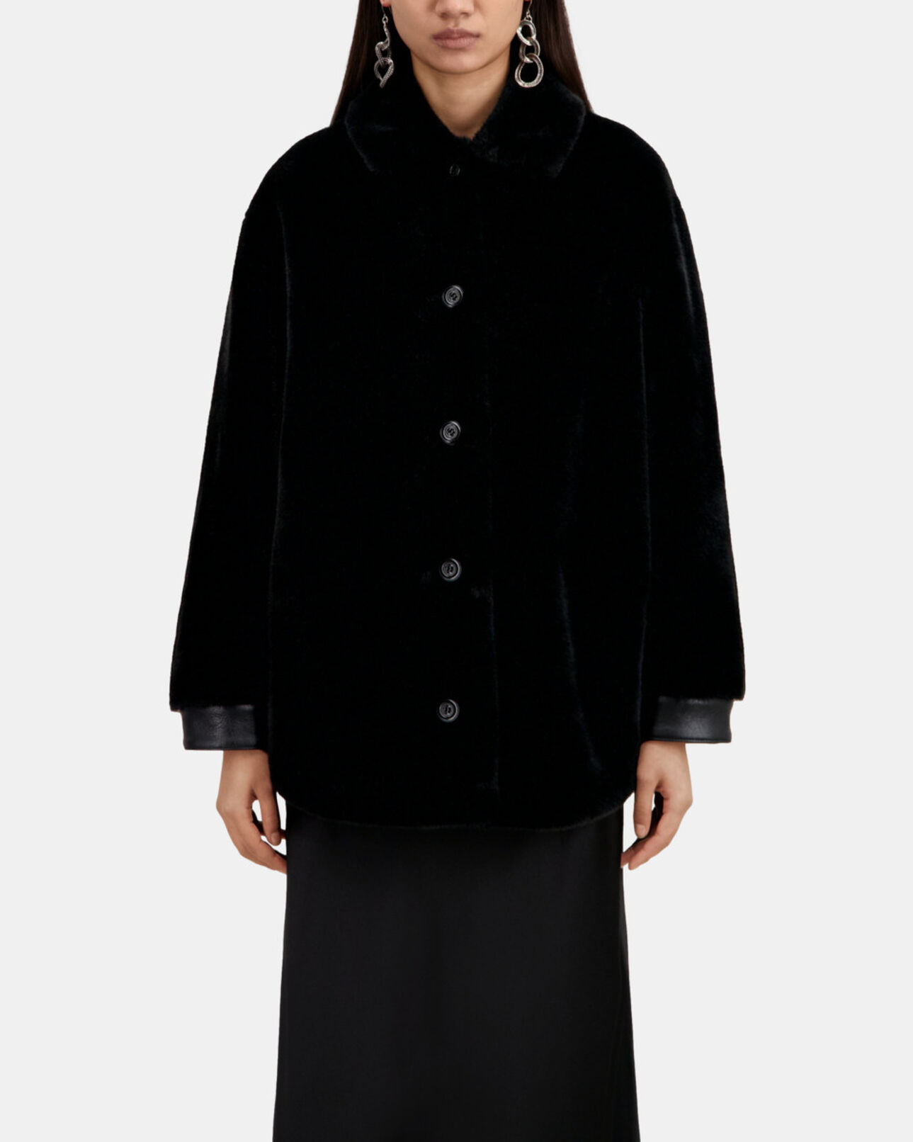 The Kooples FEMME BLACK blouson noir style surchemise imitation fourrure