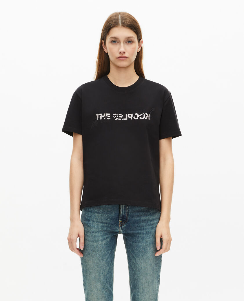 The Kooples DAMEN BLACK schwarzes t-shirt „what is“ mit strassbesatz