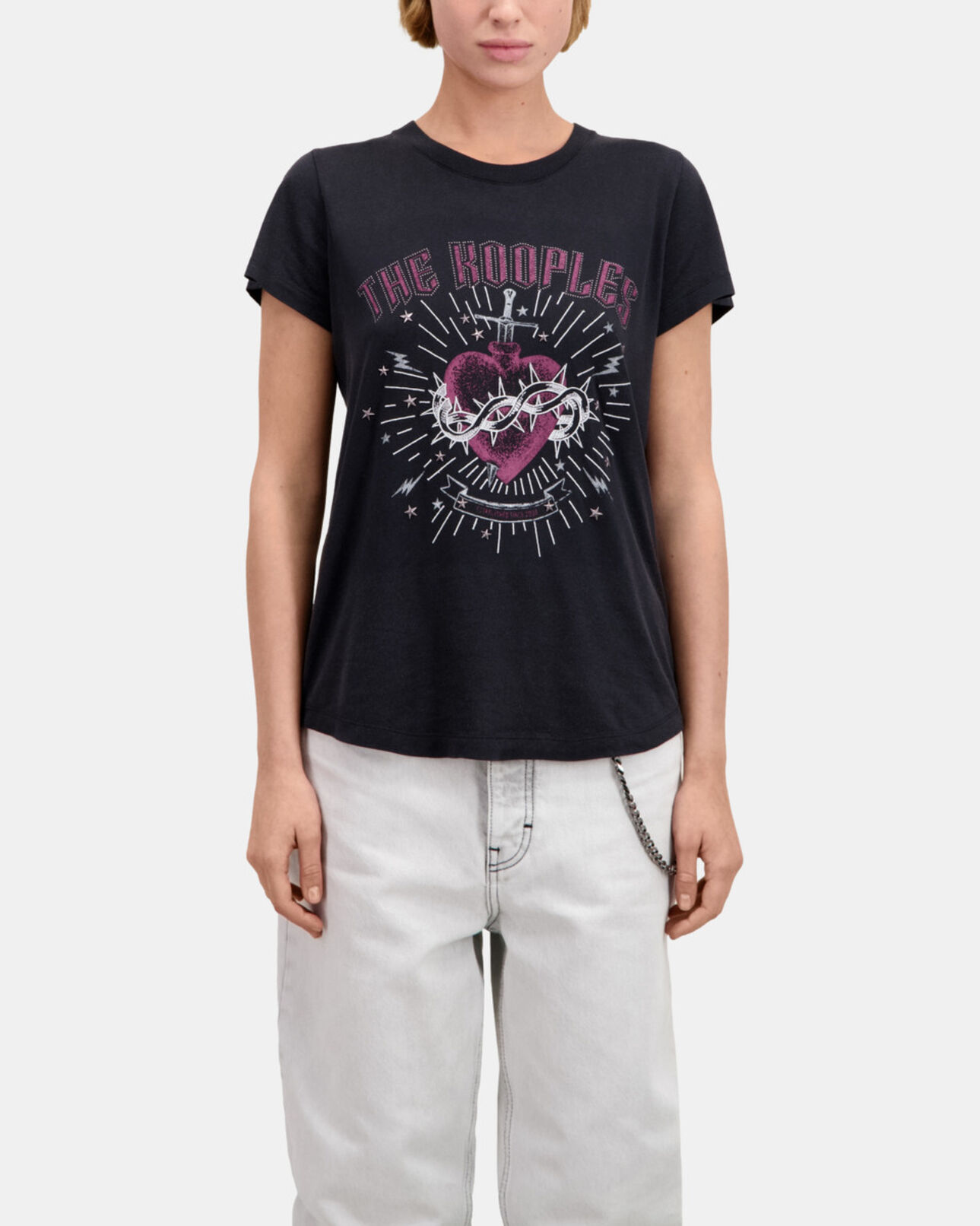 The Kooples WOMEN BLACK women's black t-shirt with dagger through heart serigraphy