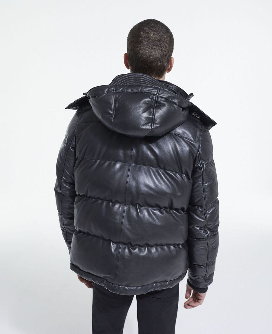 black leather down jacket with straps