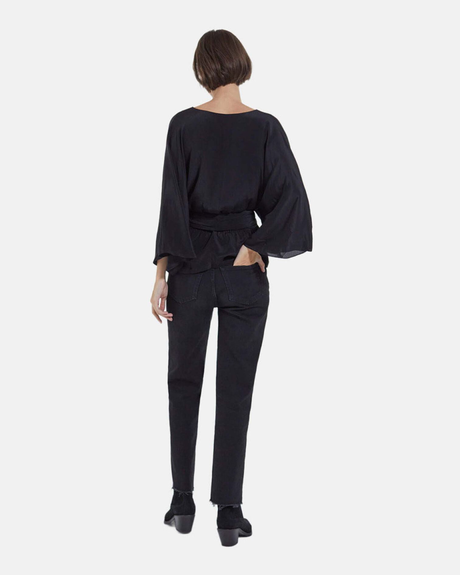 Top kimono noir manches longues drapé, BLACK, hi-res image number null