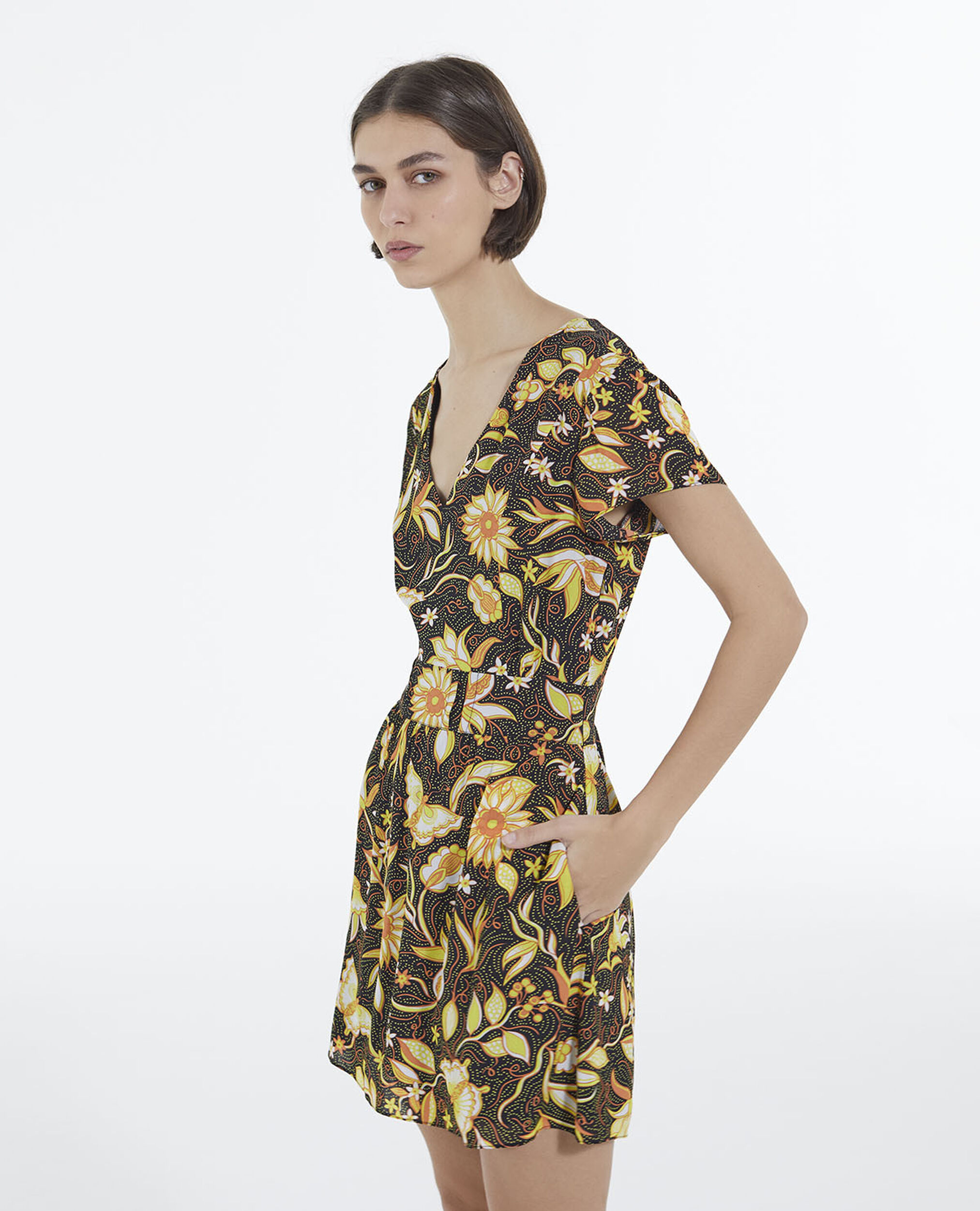 Black short printed dress with short sleeves, BLACK, hi-res image number null