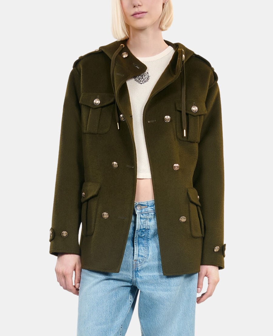 The Kooples FEMME KAKI blouson style officier en laine m&eacute;lang&eacute;e kaki