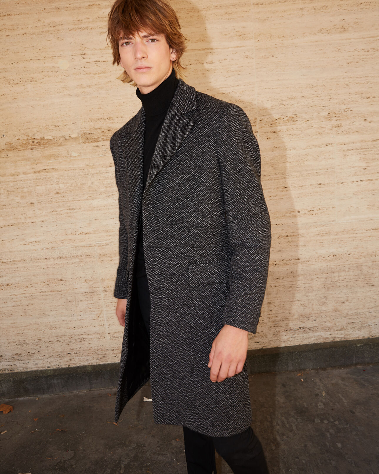 The Kooples MEN LIGHT GREY MELANGE martingale belt grey leather collar wool coat