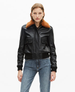 The Kooples F BLACK short black smooth leather jacket with sherpa collar