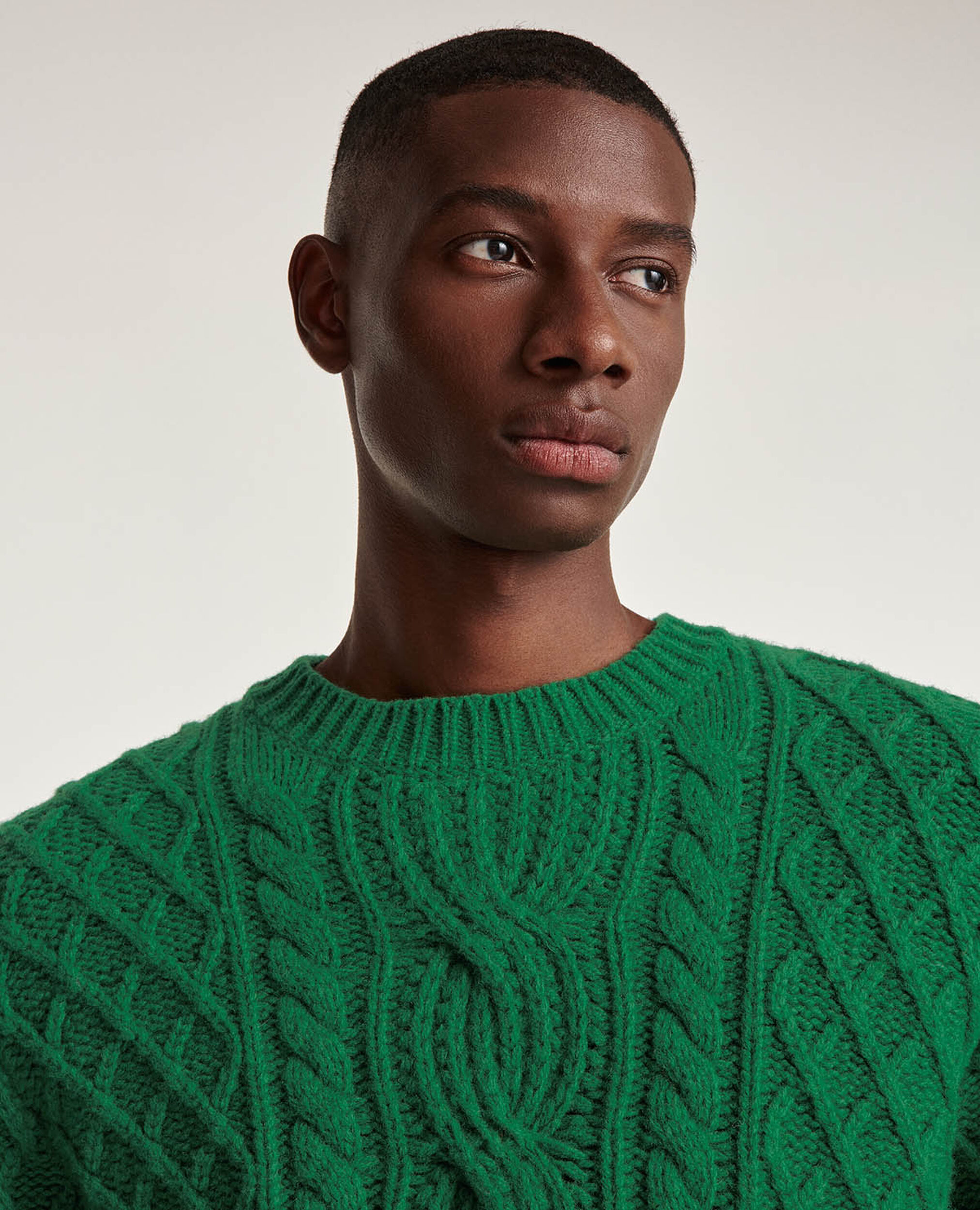 Green wool cable knit sweater, FOREST, hi-res image number null