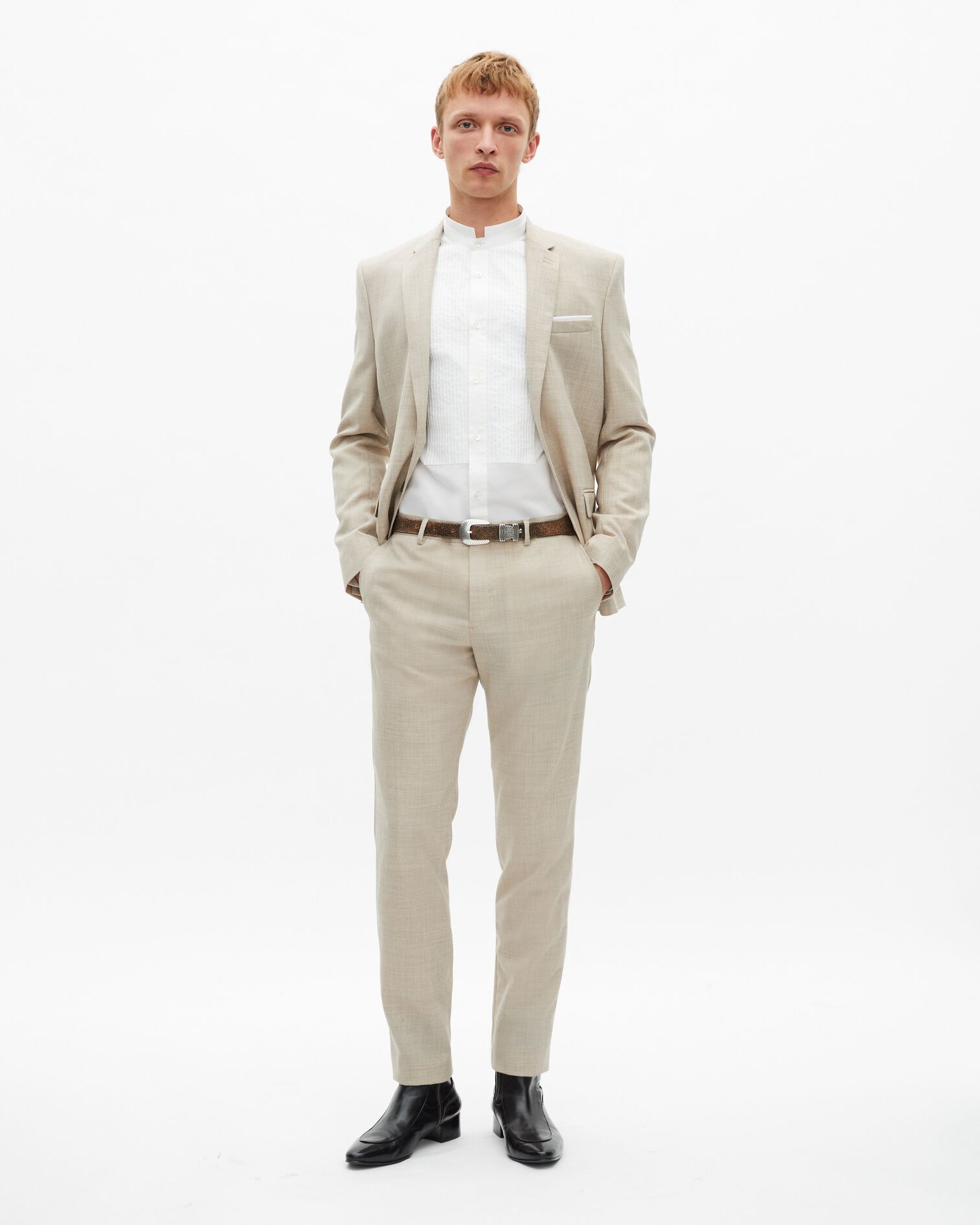 Beigefarbene, schmal geschnittene Anzugjacke aus Wolle, BEIGE, hi-res image number null