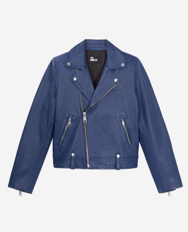 blouson biker en cuir bleu