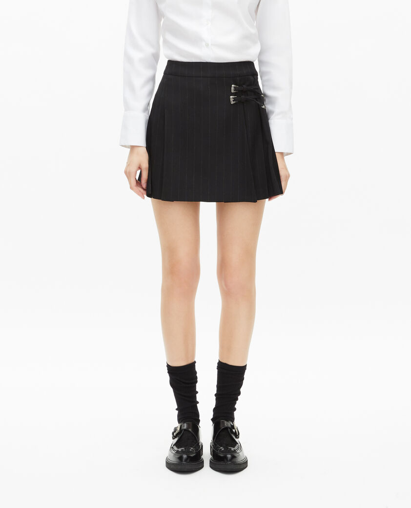 The Kooples FEMME BLACK jupe courte pliss&eacute;e &agrave; rayures noire