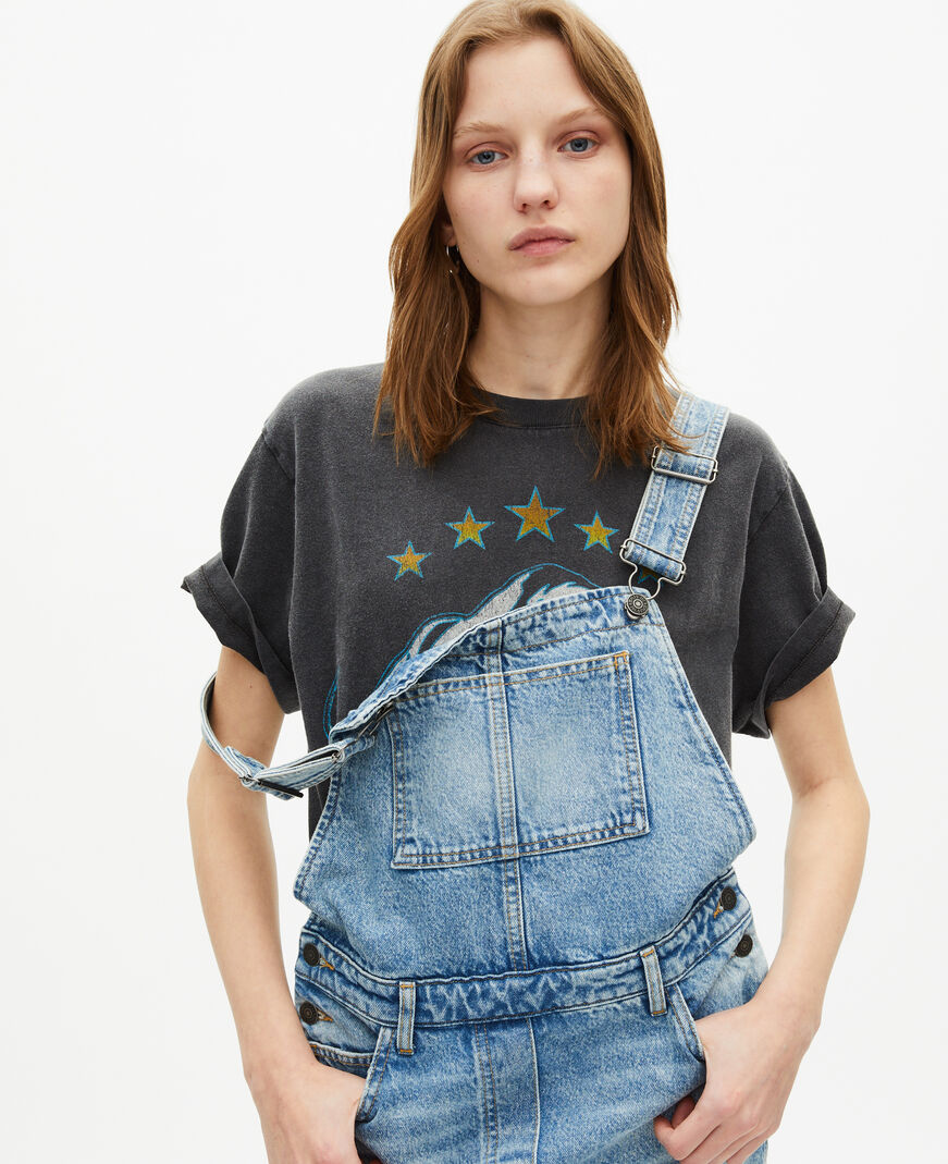 The Kooples WOMEN BLUE BLEACHED / NAVY short denim dungaree dress