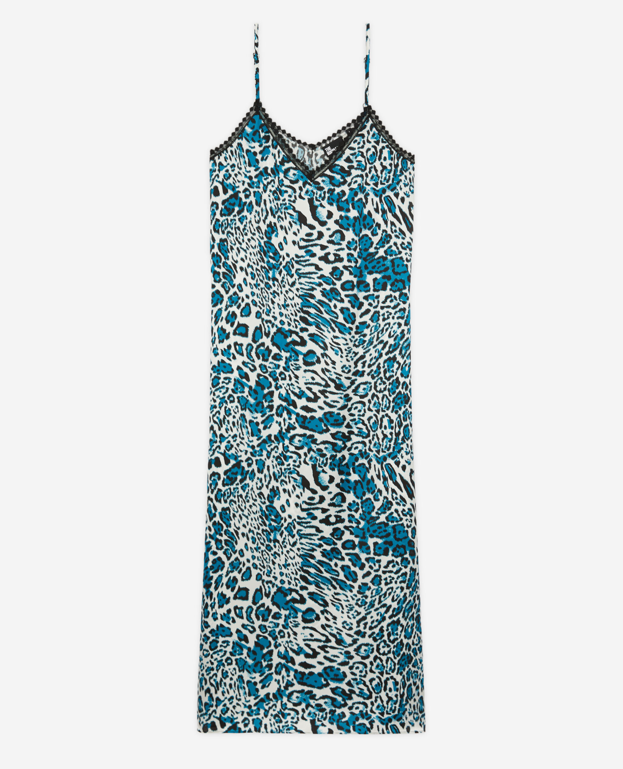 Long printed silk slip dress with lace details, BLUE WHITE, hi-res image number null