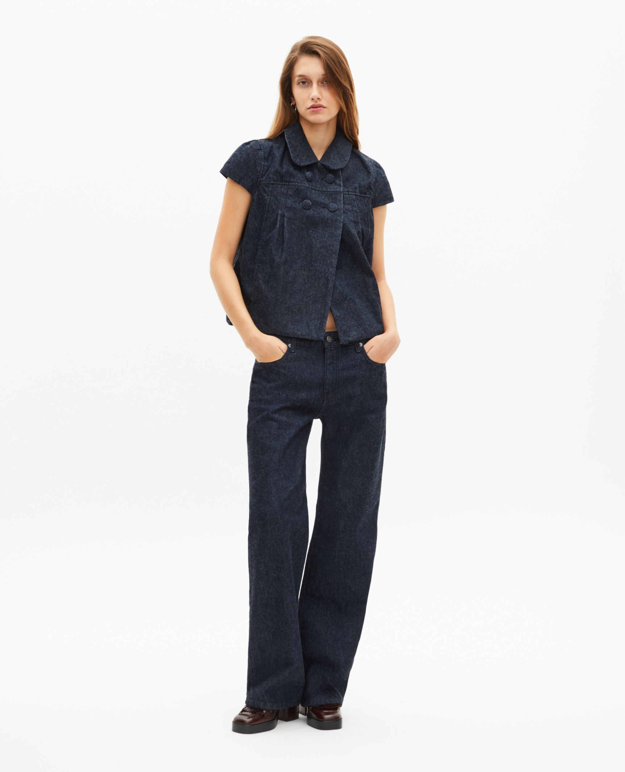 Blouson manches courtes en denim bleu foncé, BLUE ELECTRIC, hi-res image number null