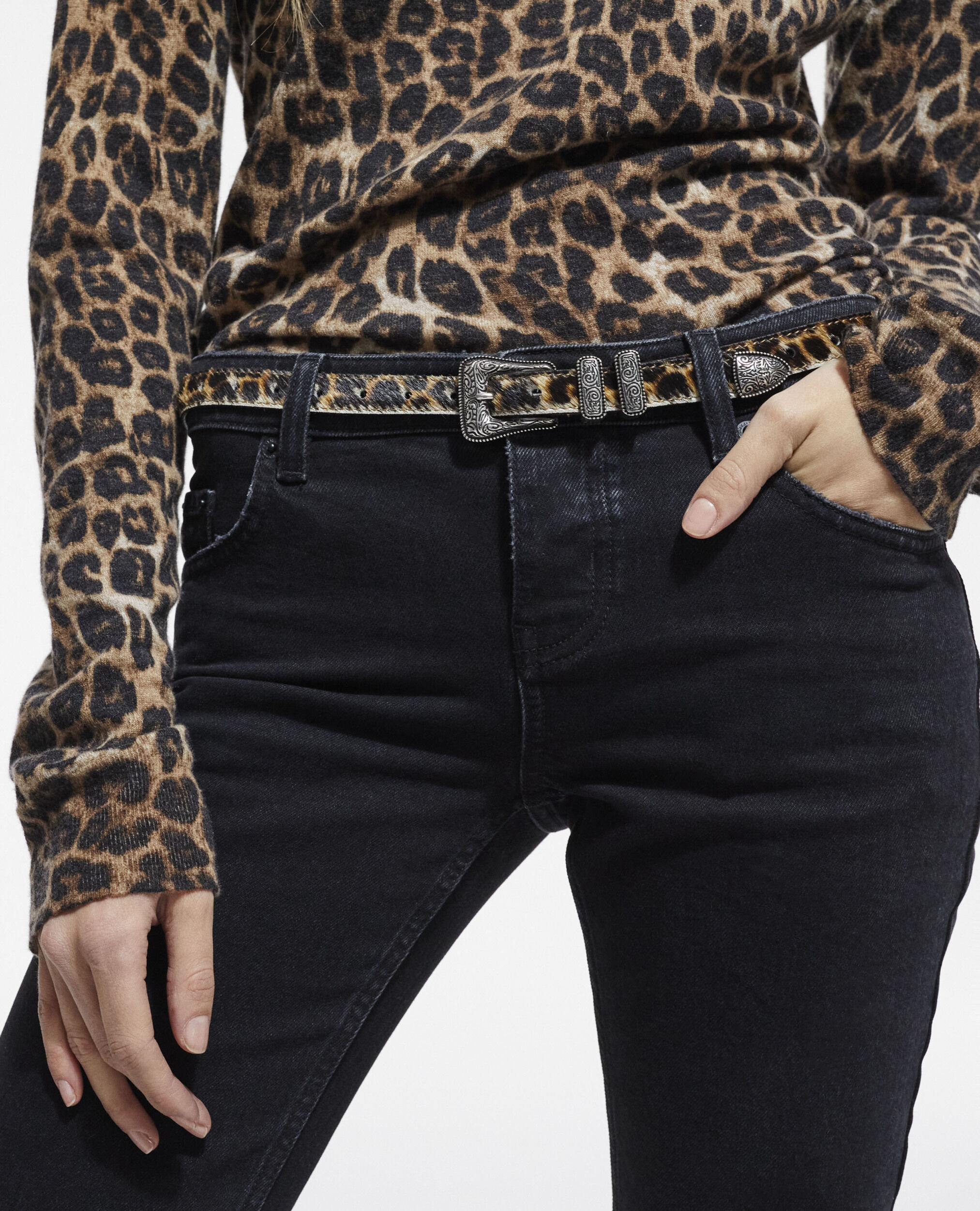 Thin leopard print leather belt, LEOPARD, hi-res image number null