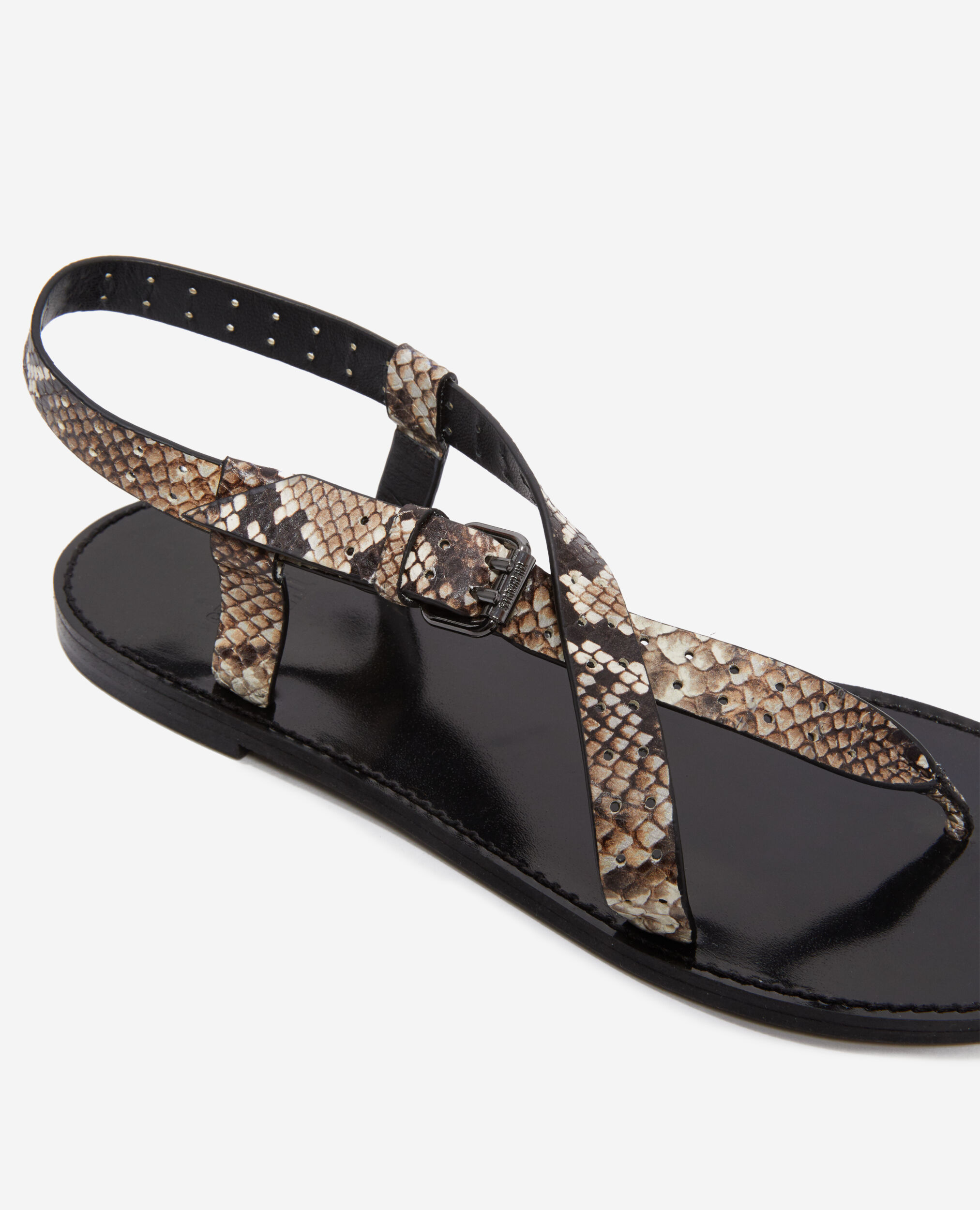 Snakeskin-effect flat leather sandals, BEIGE-BROWN, hi-res image number null