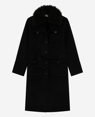 The Kooples WOMEN BLACK long double-sided wool coat with black sherpa collar