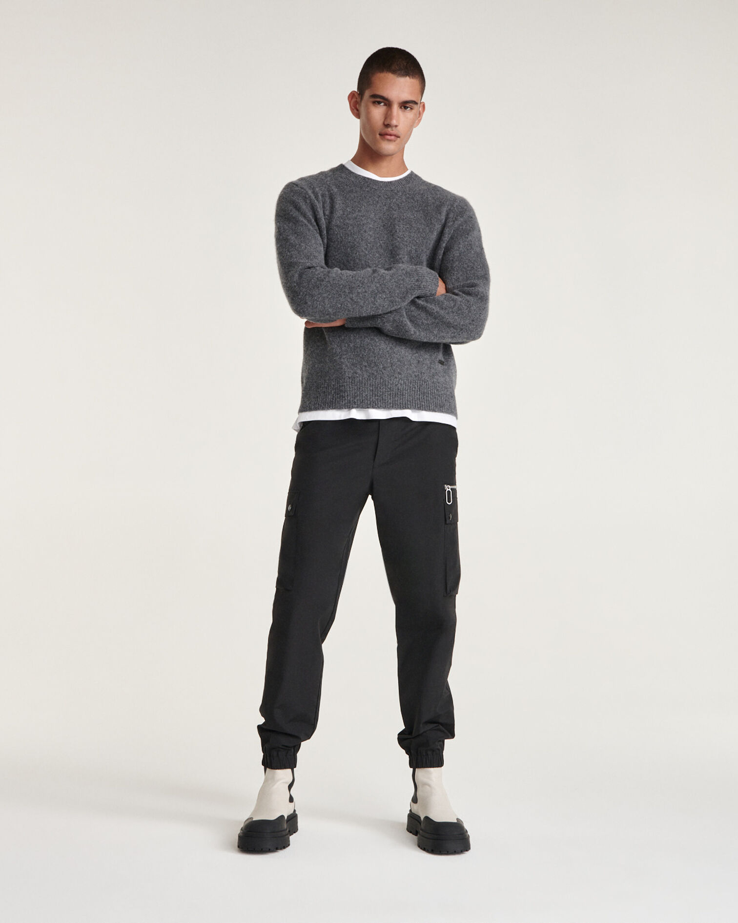 Gray alpaca wool sweater with crew neck, DARK GREY, hi-res image number null