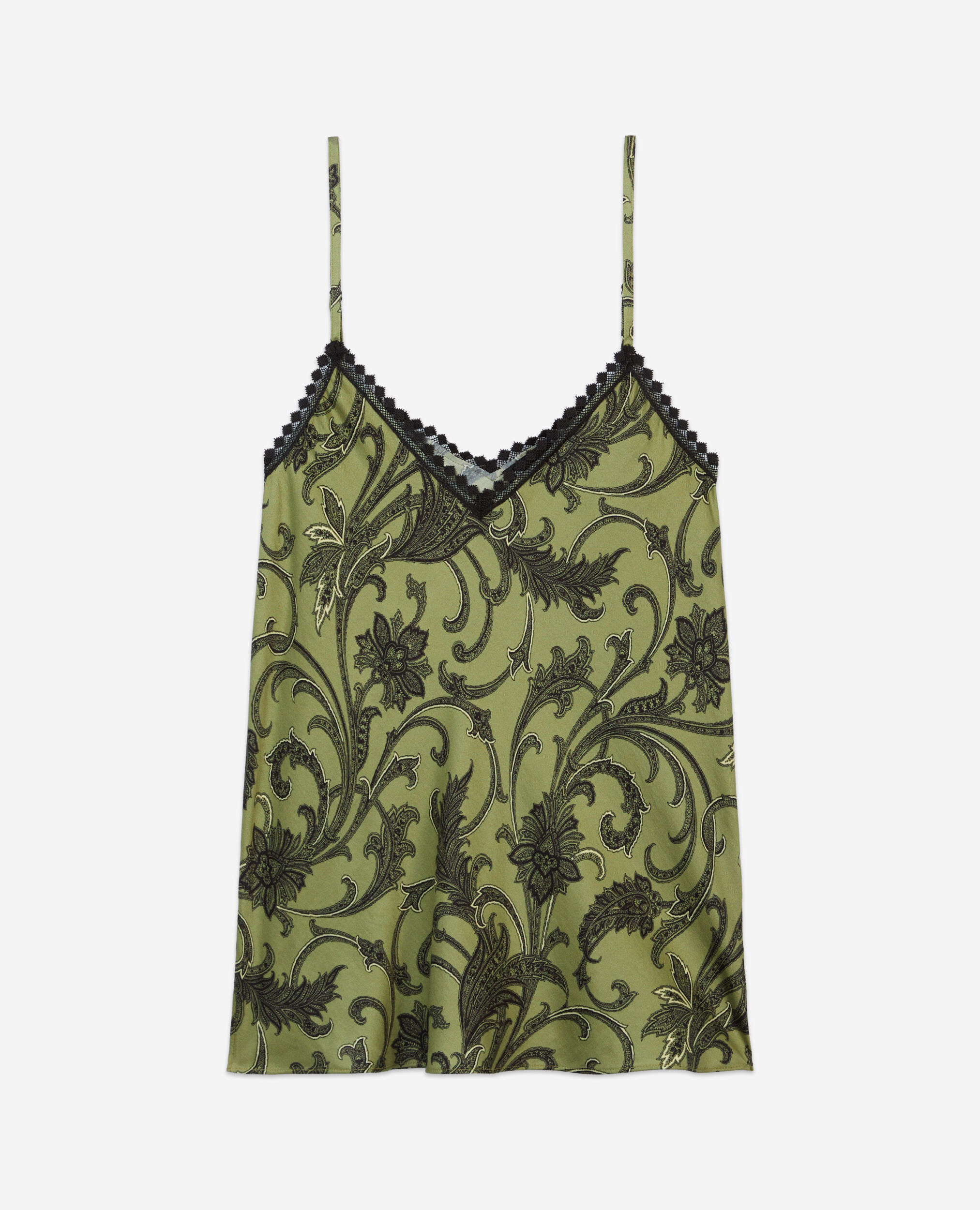 Printed camisole with lace, KAKI BLACK, hi-res image number null