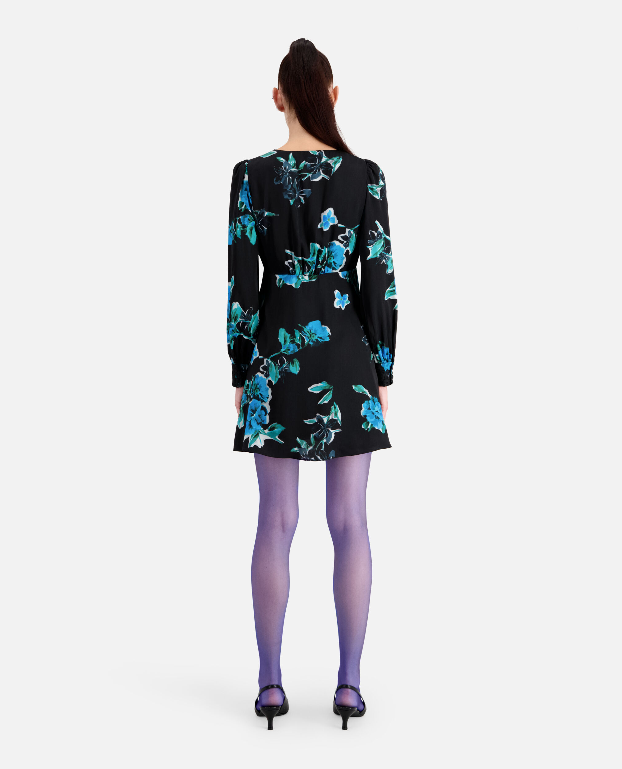 Kurzes, bedrucktes Kleid mit Spitzendetails, BLACK BLUE, hi-res image number null