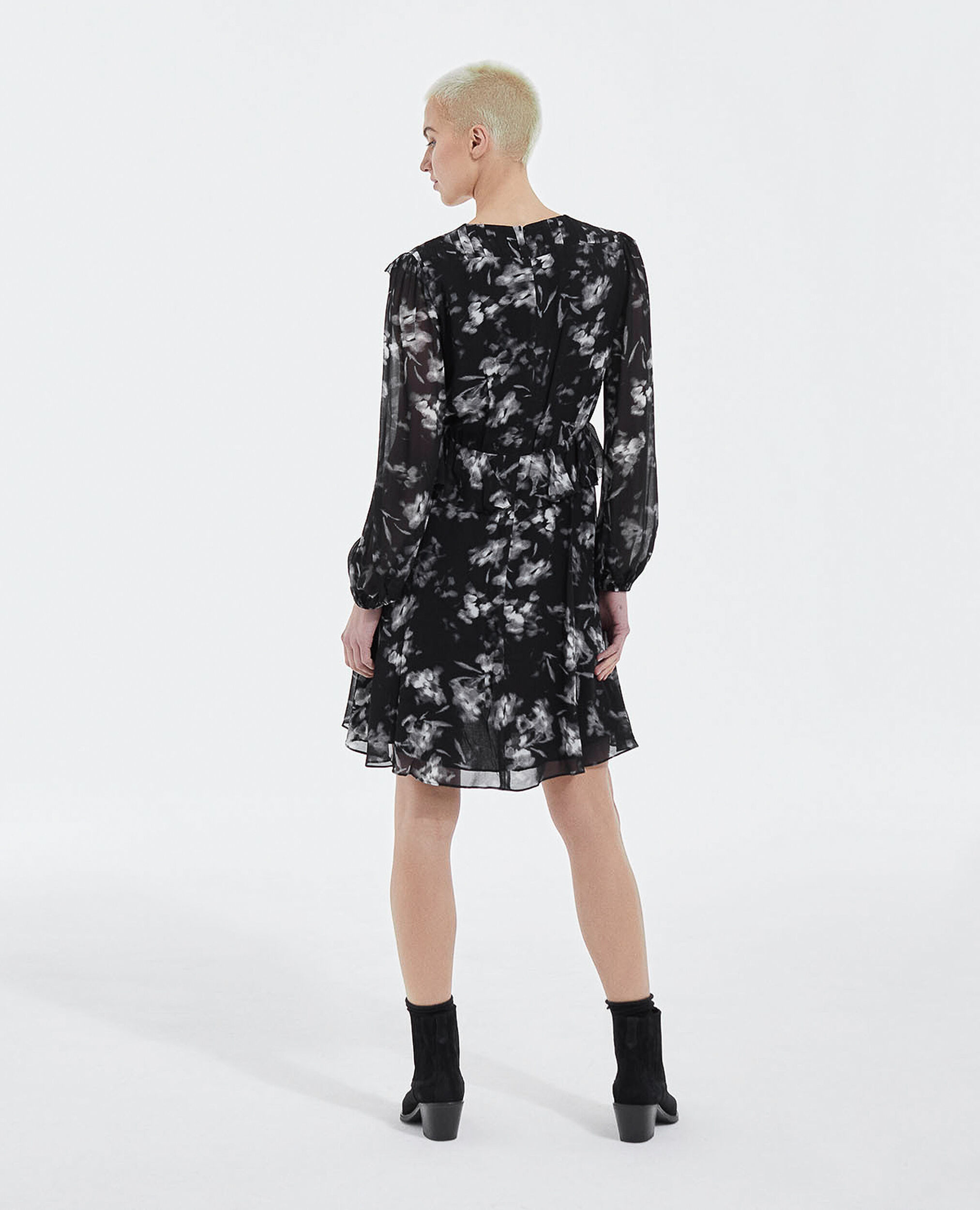 Kurzes Kleid schwarz bedruckt Volants, BLACK WHITE, hi-res image number null