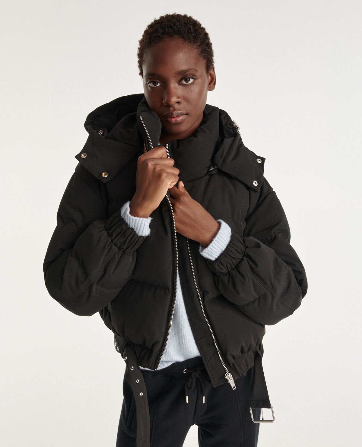 Short black down jacket with hood The Kooples US