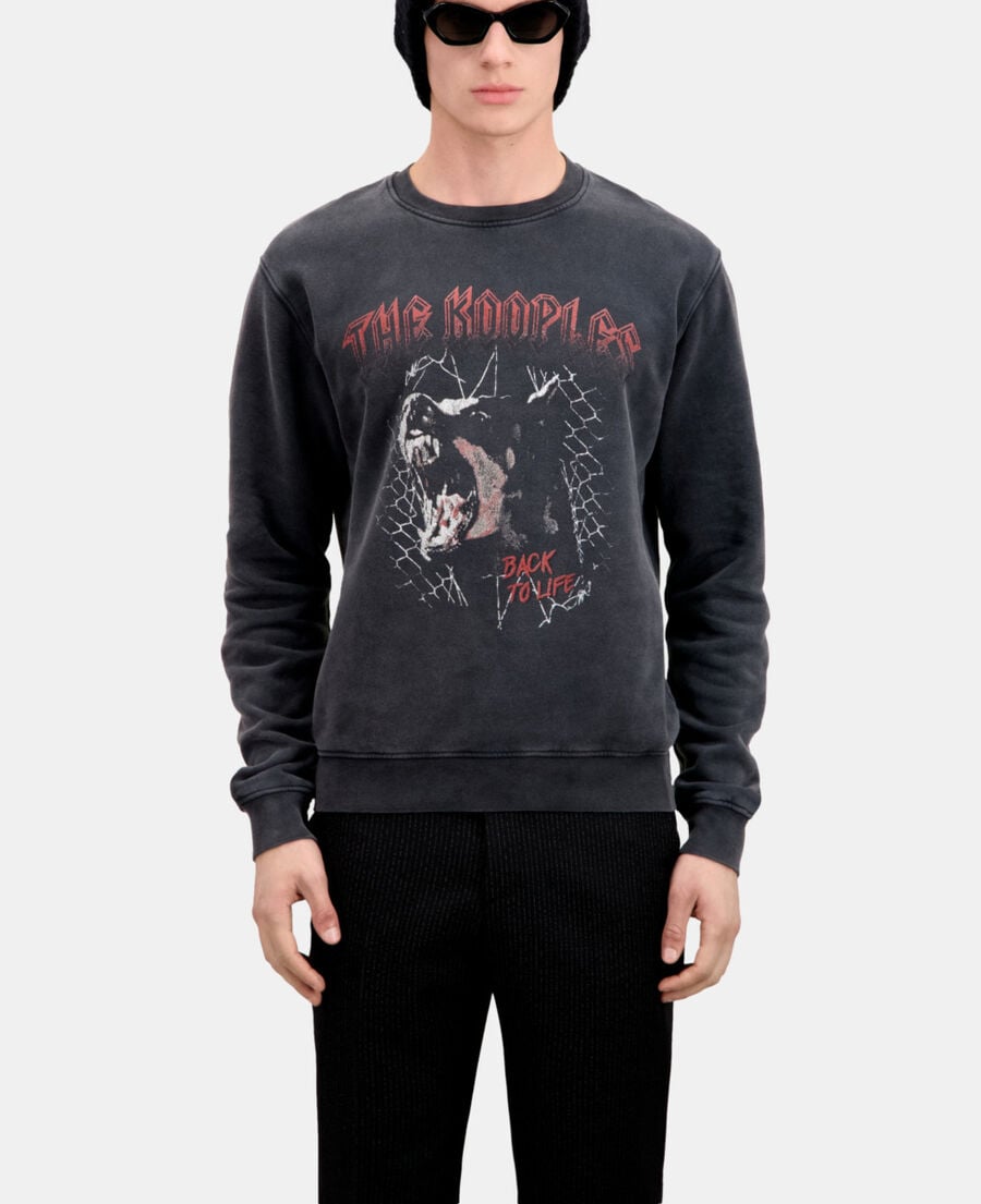 The Kooples MEN BLACK WASHED men's black sweatshirt with barking dog serigraphy