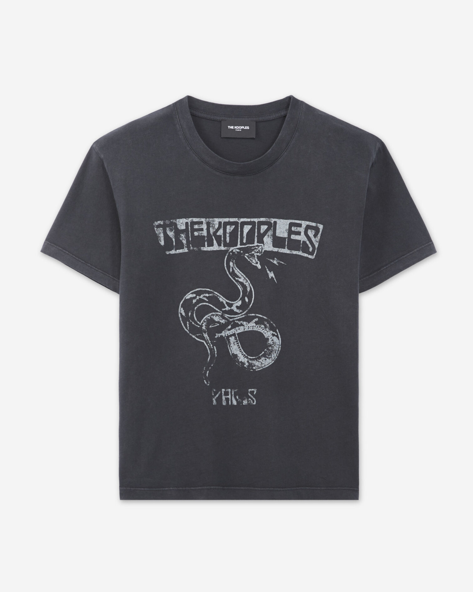 T-shirt noir délavé coton motif serpent, BLACK WASHED, hi-res image number null