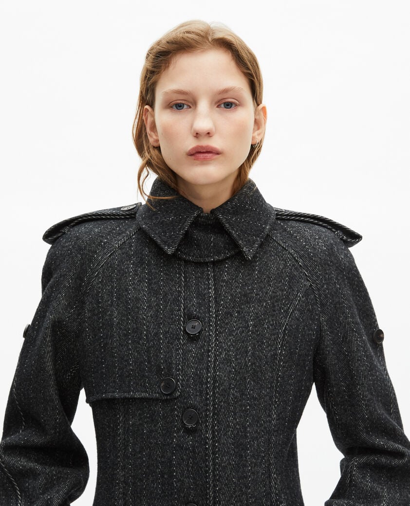 The Kooples WOMEN GREY FLANNEL long dark gray wool coat