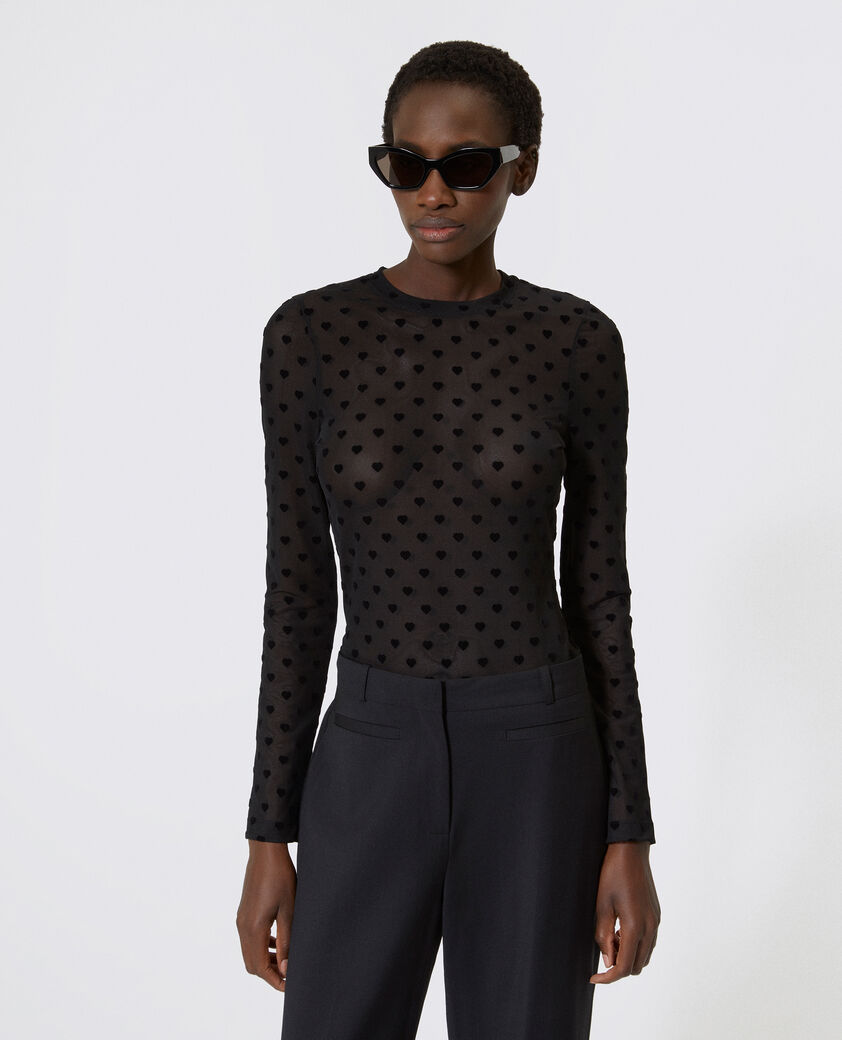 The Kooples WOMEN BLACK black hearts flocked mesh long-sleeve t-shirt