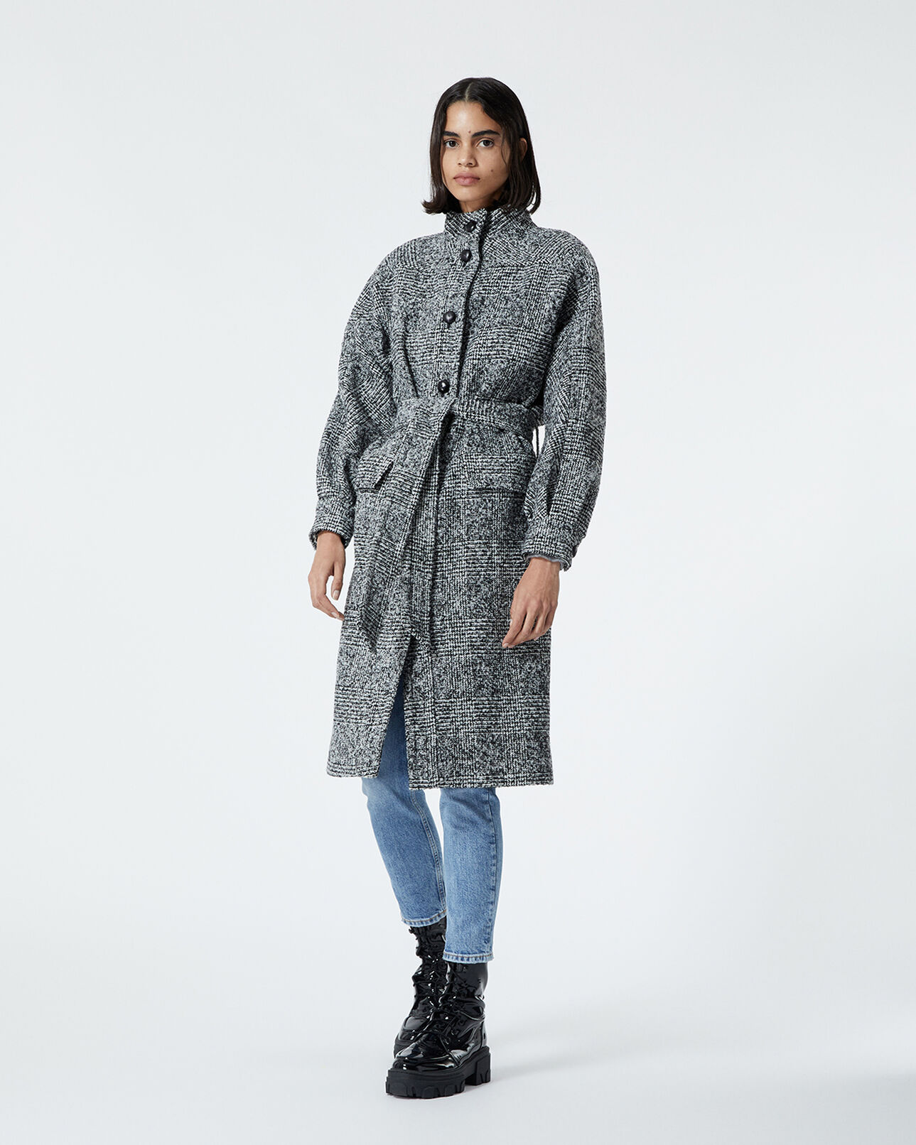 The Kooples WOMEN BLACK-ECRU black wool coat with high neck