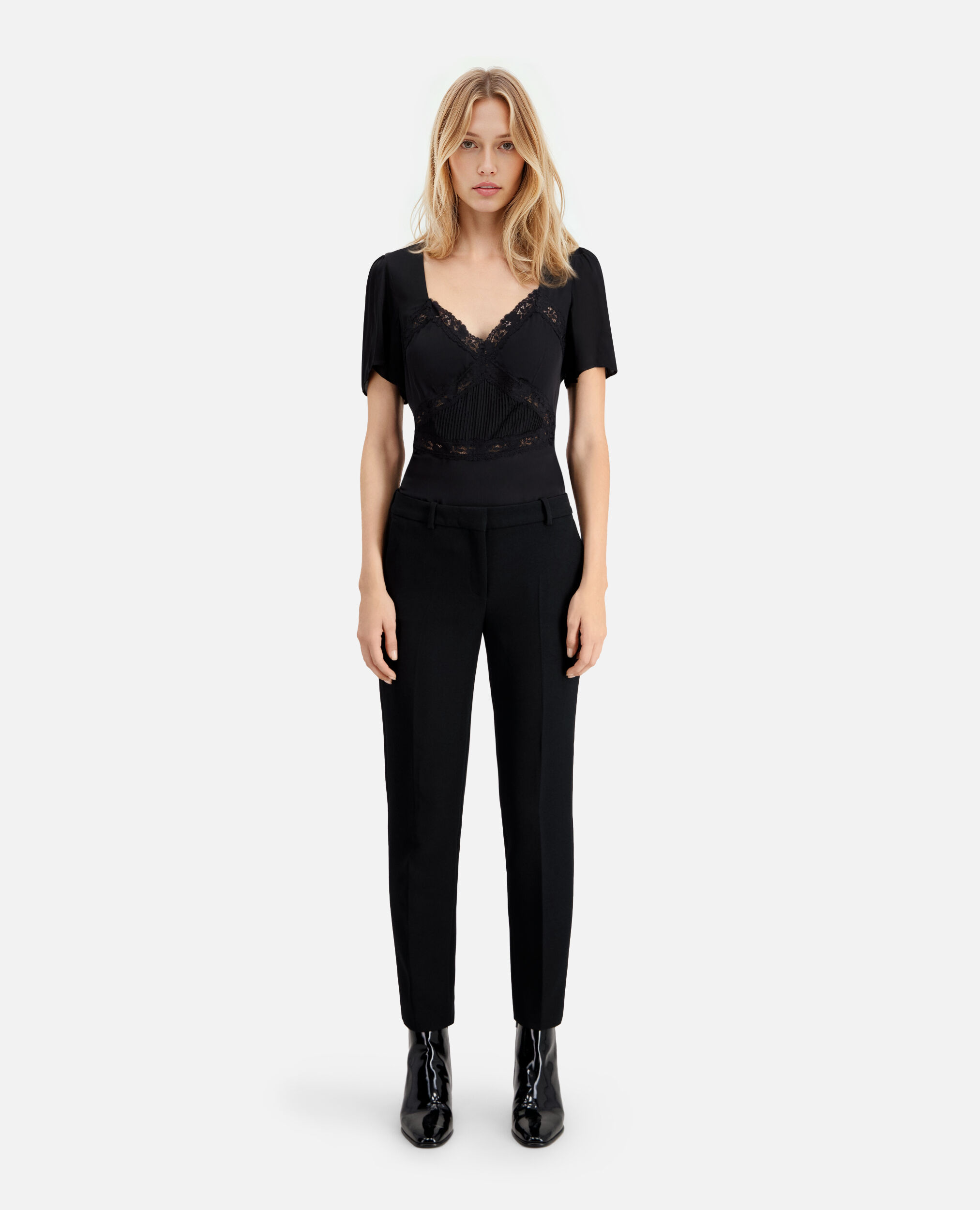 Straight cut black crepe tailored pants, BLACK, hi-res image number null