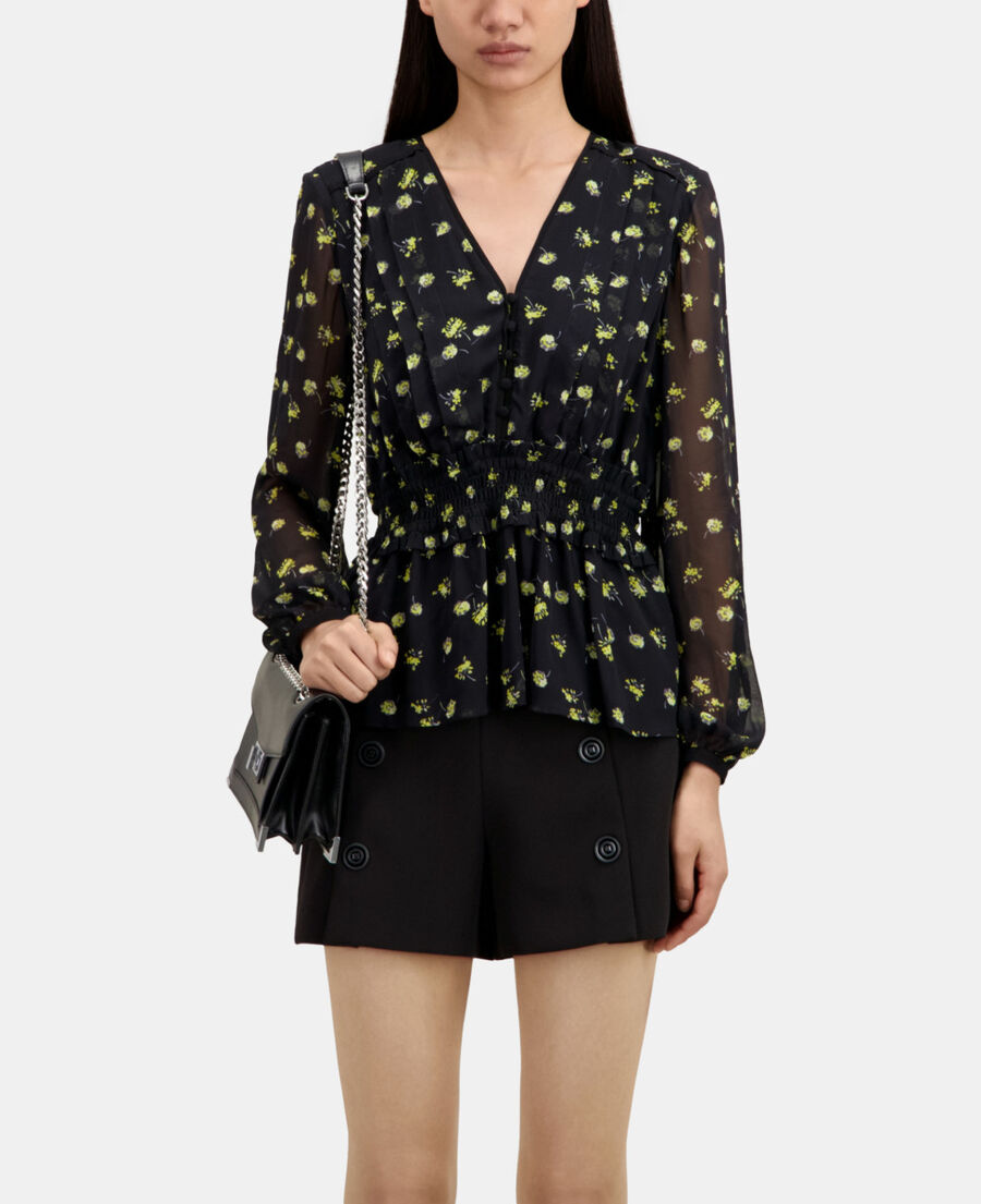 The Kooples F BLACK / YELLOW printed top with smocking