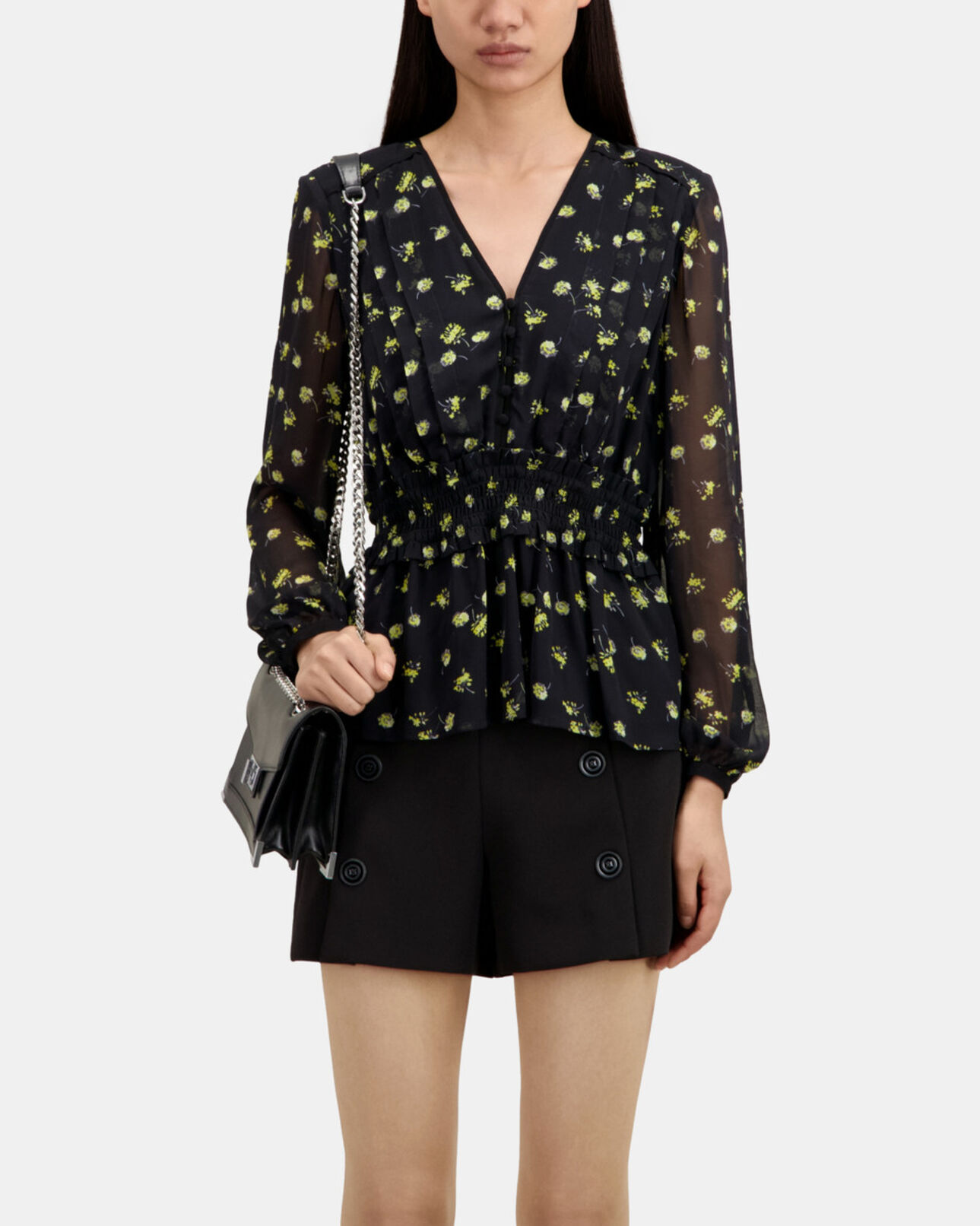 The Kooples FEMME BLACK / YELLOW top imprimé avec smocks