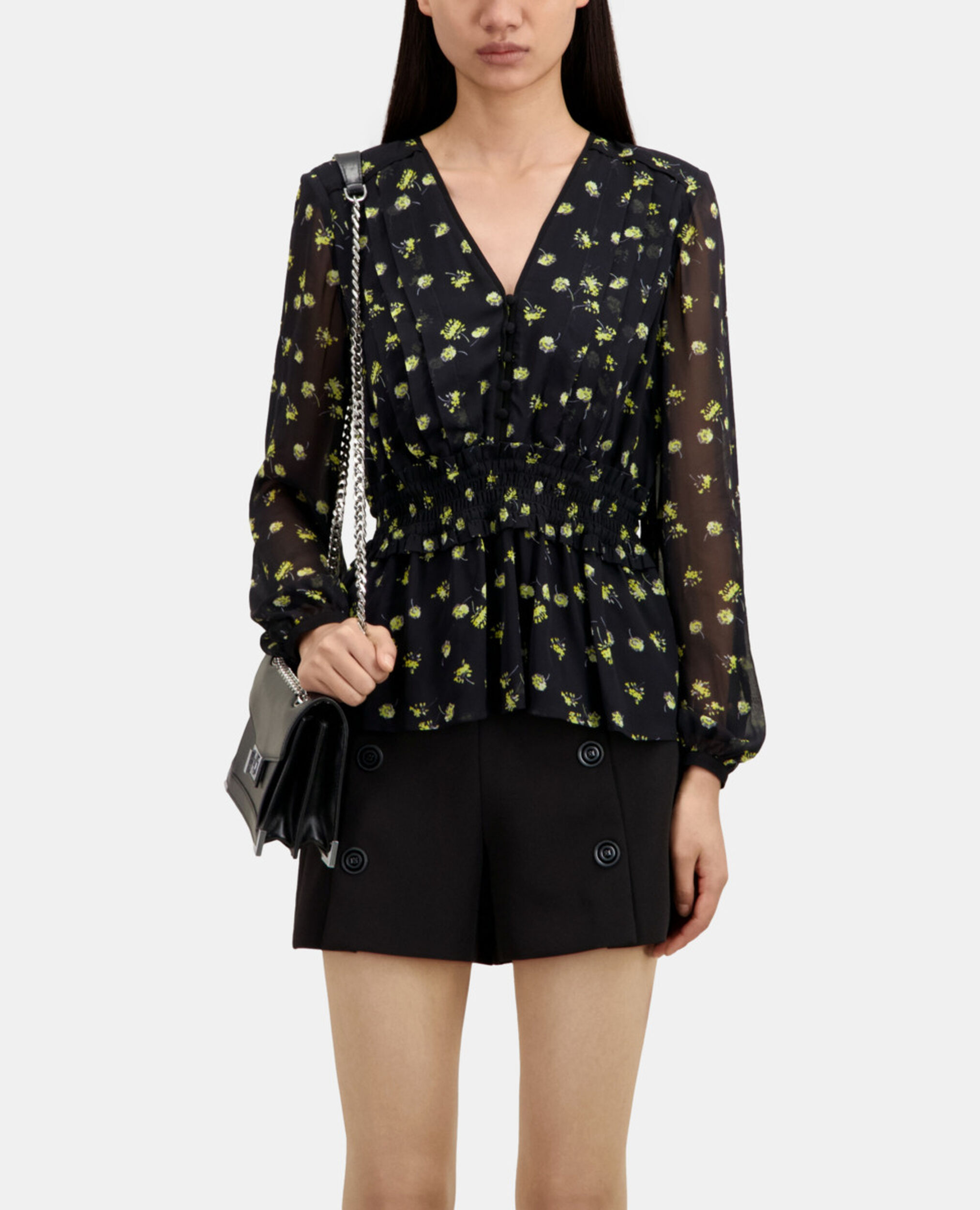 Printed top with smocking, BLACK / YELLOW, hi-res image number null