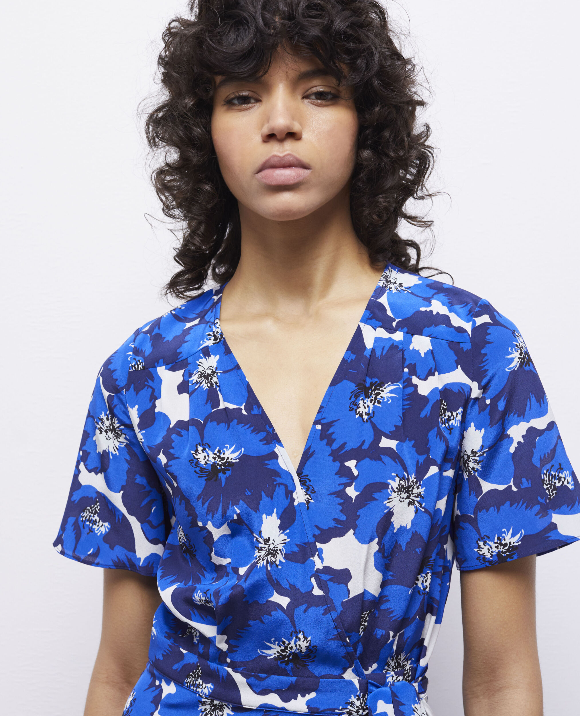 Vestido cruzado largo estampado seda, BLUE, hi-res image number null