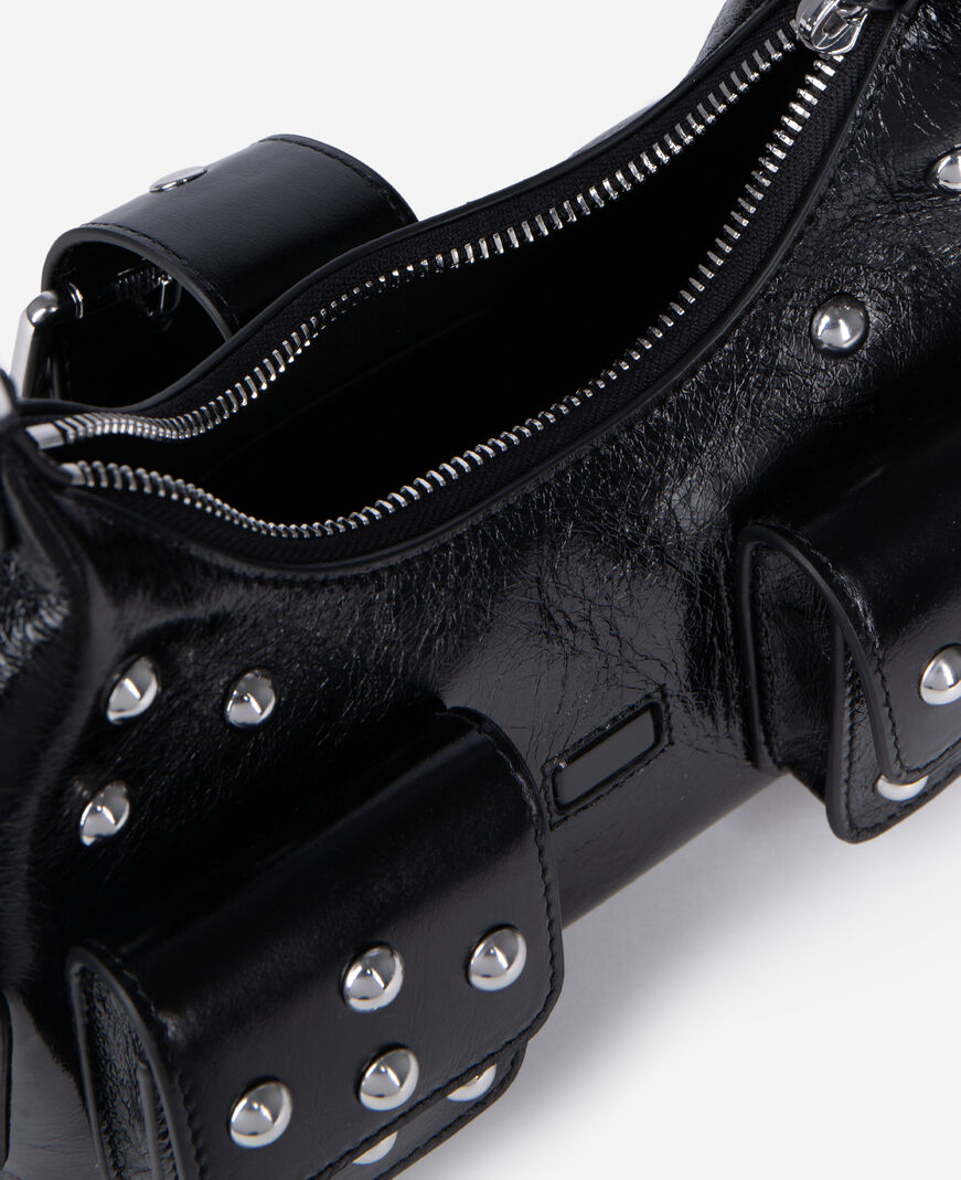 The Kooples FEMME BLACK sac amelia small en cuir craquelé noir avec clous