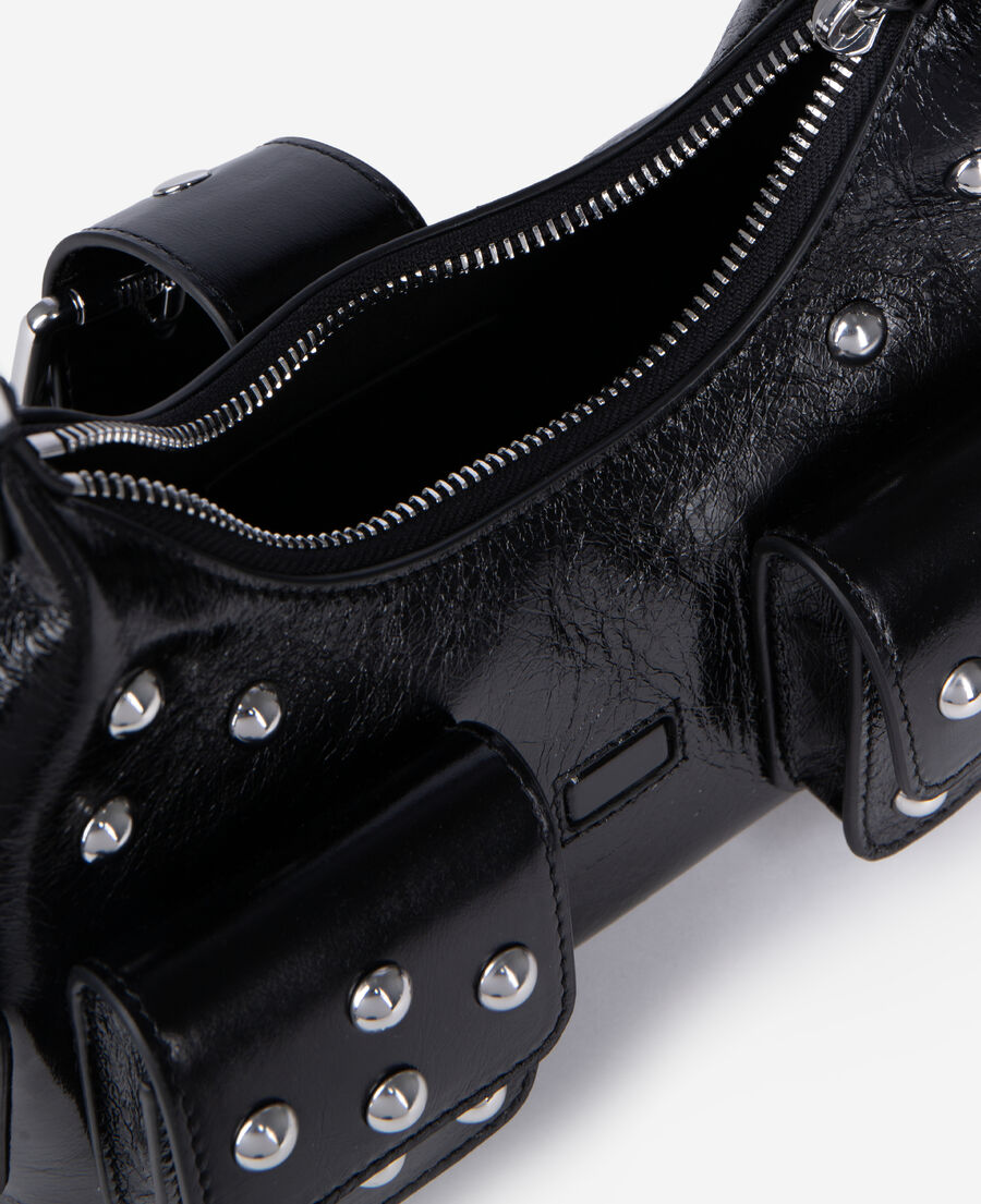 The Kooples WOMEN BLACK amelia small bag in black cracked leather with studs