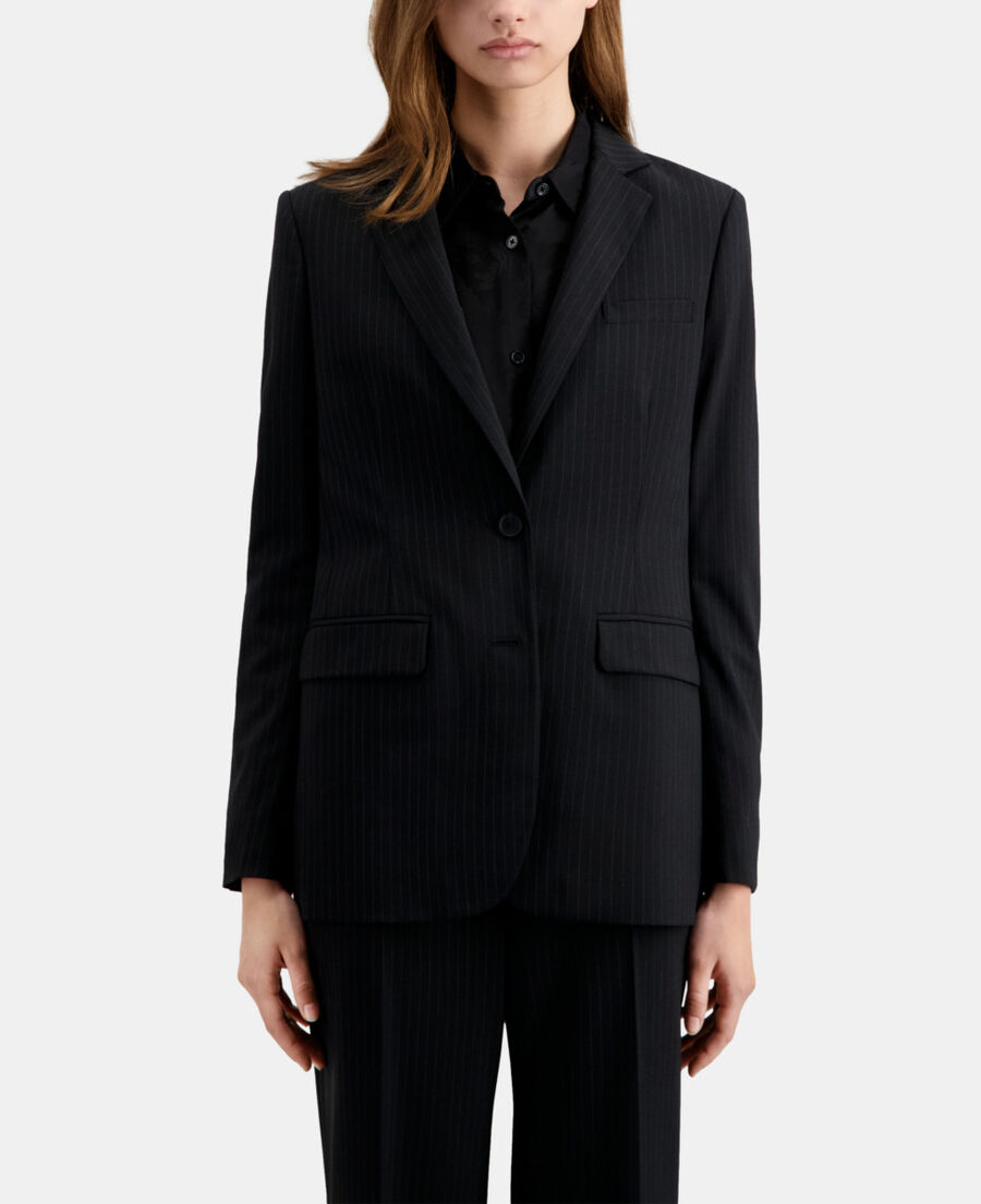 The Kooples FEMME BLACK WHITE veste tailleur noire à rayures en laine mélangée