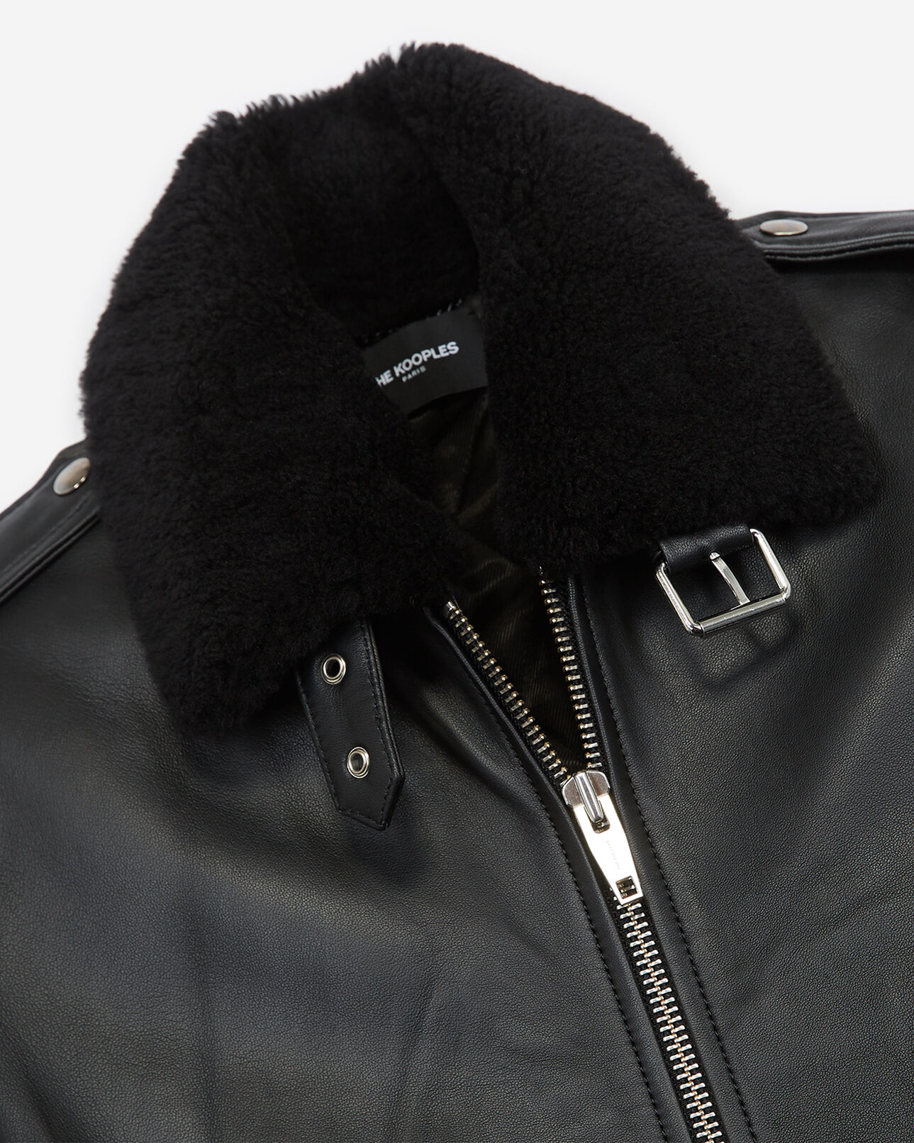 The Kooples HOMME BLACK blouson cuir noir bombardier col mouton