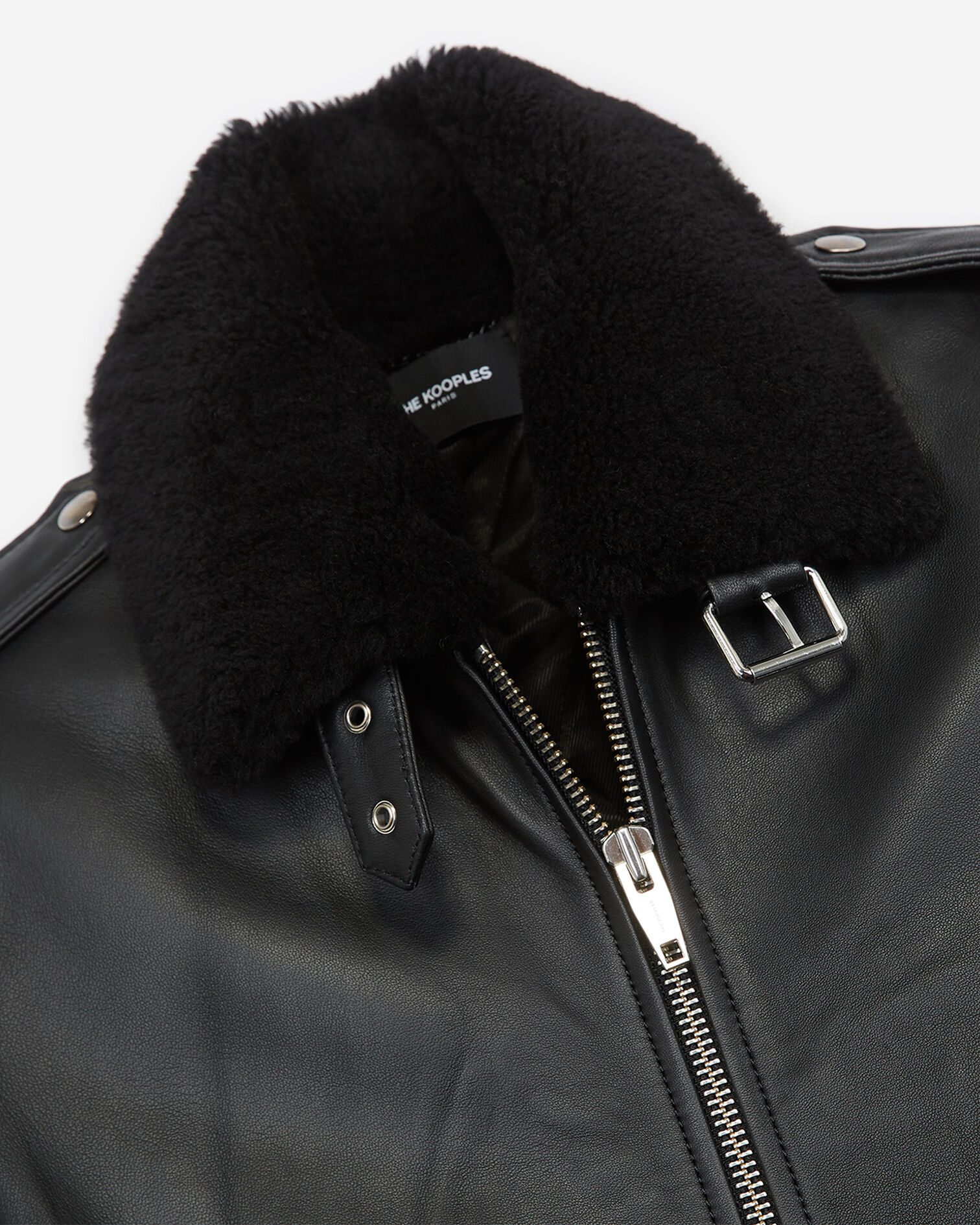 Black leather flight jacket w/shearling neck, BLACK, hi-res image number null