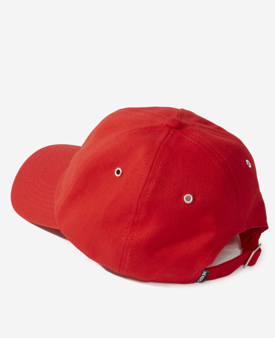 red cotton cap with black embroidered logo